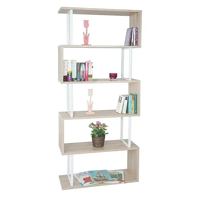 Berlinlodge Holzregal Bücherregal - H x B x T: 183 x 80 x 30 cm, Anzahl Böden: 5 Stk., Aufstellen, Hellholz - Ein modernes Bücherregal mit fünf Fächern und weißem Metallgestell, das mit Büchern, Dekorationen und einer Topfpflanze dekoriert ist.