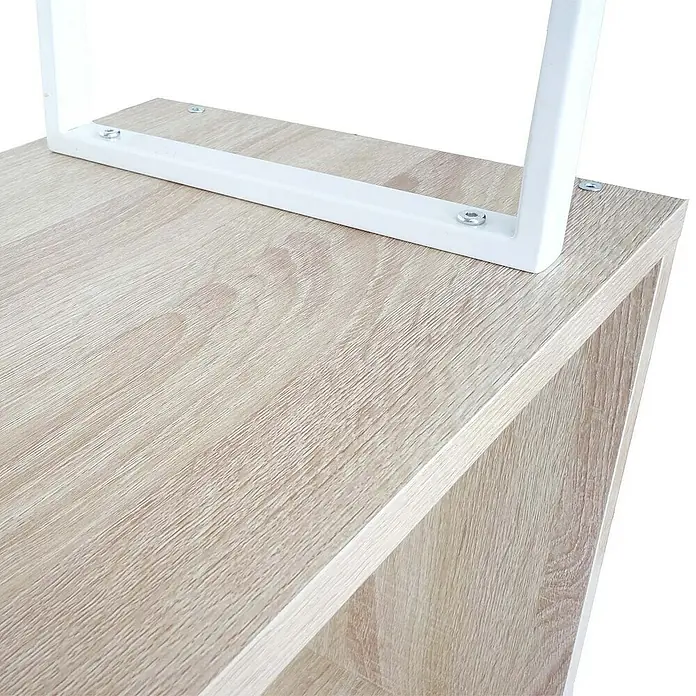 Berlinlodge Holzregal Bücherregal - H x B x T: 183 x 80 x 30 cm, Anzahl Böden: 5 Stk., Aufstellen, Hellholz - Detailaufnahme eines hellen Holzregals mit weißem Metallrahmen, befestigt mit Schrauben. Schlichtes, modernes Design für stilvolle Aufbewahrung.