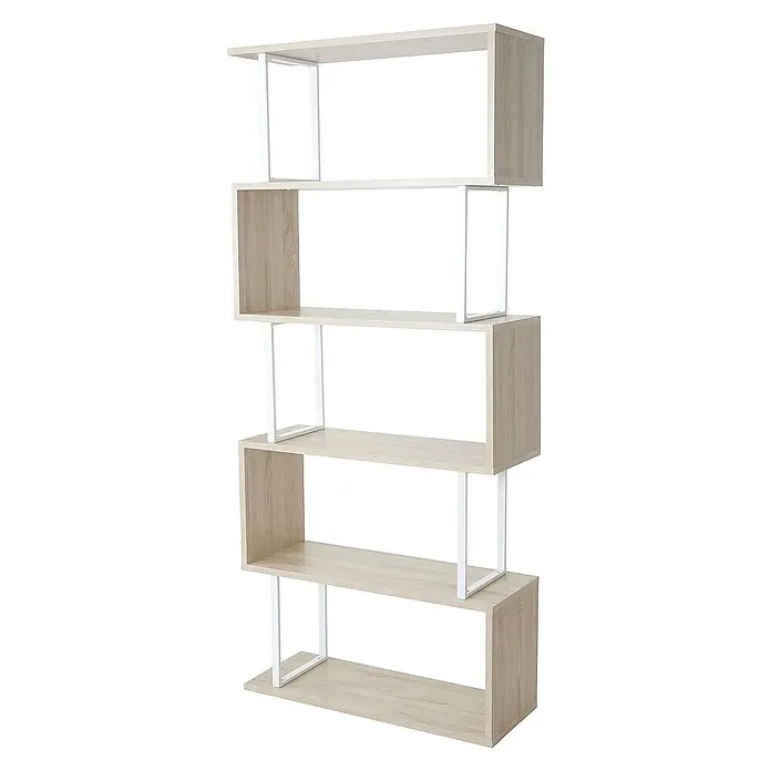 Berlinlodge Holzregal Bücherregal - H x B x T: 183 x 80 x 30 cm, Anzahl Böden: 5 Stk., Aufstellen, Hellholz - Das Bild zeigt ein helles, modernes Bücherregal mit fünf Fächern und weißen Metallrahmen, das ein stilvolles Design für Wohnräume bietet.