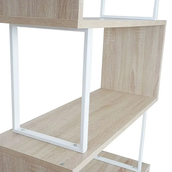 Berlinlodge Holzregal Bücherregal - H x B x T: 183 x 80 x 30 cm, Anzahl Böden: 5 Stk., Aufstellen, Hellholz - Nahaufnahme eines modernen Bücherregals mit hellem Holzfinish und weißem Metallrahmen, das stilvolles Design und Funktionalität vereint.