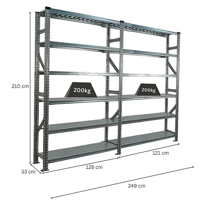 Proregal Metallregal Fachbodenregal PROXIMO 1x Grundregal + 1x Anbauregal - H x B x T: 210 x 120 x 32 cm, Traglast pro Boden: 200 kg, Anzahl Böden: 6 Stk., Stecken, Verzinkt - Metallregal mit mehreren Ebenen und Gewichtsangaben zur Veranschaulichung der Tragkraft. Praktisch für Lager und Werkstatt.