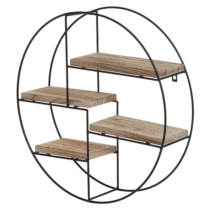 Berlinlodge Holzregal Wandregal rund - H x B x T: 45 x 45 x 11 cm, Anzahl Böden: 4 Stk., Einhängen, Natur - Kreisförmiges Wandregal mit vier Holzablagen und schwarzem Metallrahmen zur stilvollen Dekoration.