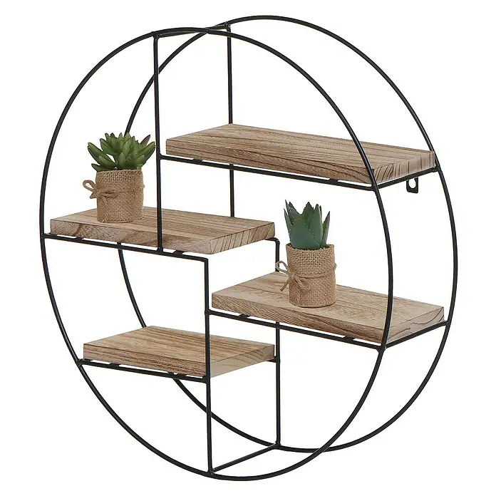 Berlinlodge Holzregal Wandregal rund - H x B x T: 45 x 45 x 11 cm, Anzahl Böden: 4 Stk., Einhängen, Natur - Runde Wandregal mit Holzablagen und zwei kleinen Sukkulenten für eine stilvolle Dekoration im Wohnraum.
