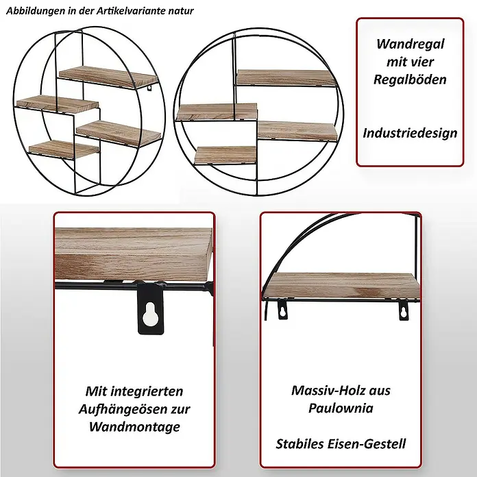 Berlinlodge Holzregal Wandregal rund - H x B x T: 45 x 45 x 11 cm, Anzahl Böden: 4 Stk., Einhängen, Natur - Abbildungen eines runden Wandregals in Natur, mit vier Regalböden, industriellem Design, Aufhängeösen zur Wandmontage, Massiv-Holz aus Paulownia und stabilem Eisengestell.