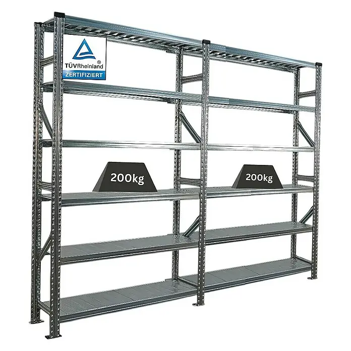 Proregal Metallregal Fachbodenregal PROXIMO 1x Grundregal + 1x Anbauregal - H x B x T: 210 x 120 x 32 cm, Traglast pro Boden: 200 kg, Anzahl Böden: 6 Stk., Stecken, Verzinkt - Metallregal mit vier Ebenen, zertifiziert und belastbar, ideal für Lager und Werkstatt. Mit Gewichtsangabe.