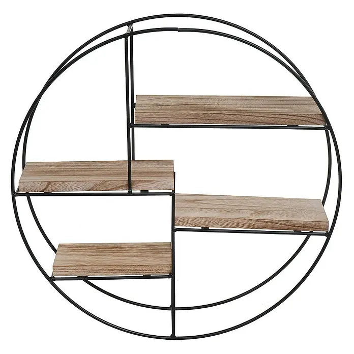 Berlinlodge Holzregal Wandregal rund - H x B x T: 45 x 45 x 11 cm, Anzahl Böden: 4 Stk., Einhängen, Natur - Runde Hängeregale mit vier Holzebenen und einem Rahmen aus schwarzem Metalldraht.
