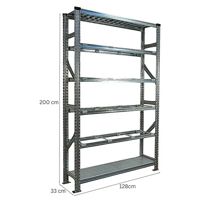 Proregal Registraturregal PROXIMO 1x Grundregal + 2x Anbauregal - H x B x T: 200 x 120 x 32 cm, Stecken, Verzinkt - Abbildung eines Metallregals mit fünf Ebenen und den Maßen 200cm Höhe, 128cm Breite und 33cm Tiefe.