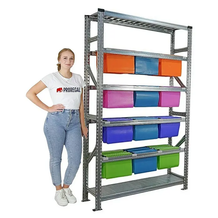 Proregal Registraturregal PROXIMO 1x Grundregal + 2x Anbauregal - H x B x T: 200 x 120 x 32 cm, Stecken, Verzinkt - Regal mit bunten Aufbewahrungsboxen, ideal für Organisation. Das robuste Design bietet viel Stauraum für verschiedene Bedürfnisse.