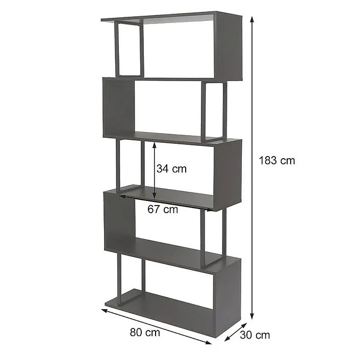 Berlinlodge Holzregal Bücherregal - H x B x T: 183 x 80 x 30 cm, Anzahl Böden: 5 Stk., Aufstellen, Dunkelbraun - Abgebildete ein modernes Bücherregal in Grau mit unregelmäßigen Fächern in verschiedenen Größen und Höhen.