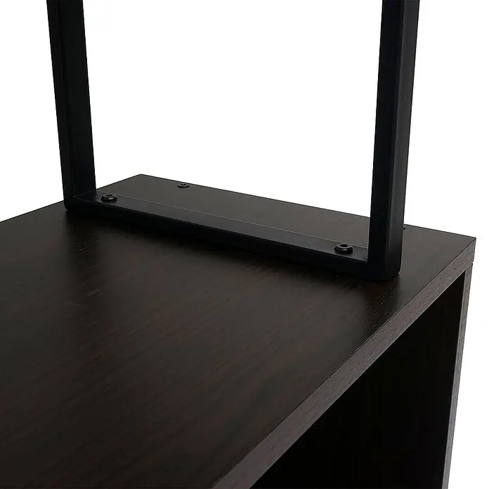 Berlinlodge Holzregal Bücherregal - H x B x T: 183 x 80 x 30 cm, Anzahl Böden: 5 Stk., Aufstellen, Dunkelbraun - Naheaufnahme eines dunkelbraunen Regals mit einem schwarzen Metallrahmen, der für ein modernes Aussehen sorgt.