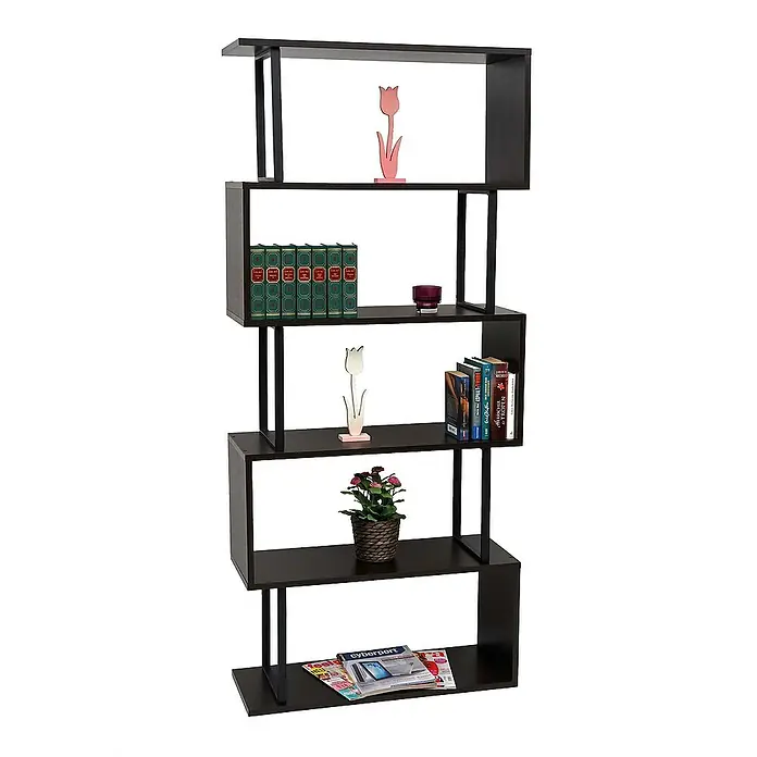 Berlinlodge Holzregal Bücherregal - H x B x T: 183 x 80 x 30 cm, Anzahl Böden: 5 Stk., Aufstellen, Dunkelbraun - Schwarzes, modernes Bücherregal mit verschiedenen Dekorationsgegenständen, das in jedem Raum ein echter Hingucker ist.