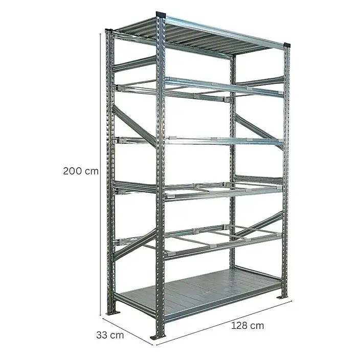 Proregal Registraturregal PROXIMO 1x Grundregal + 3x Anbauregal - H x B x T: 200 x 120 x 60 cm, Stecken, Verzinkt - Bild eines silbernen Metallregals mit mehreren Ebenen, ideal für Lagerung. Es ist 200 cm hoch, 128 cm breit und 33 cm tief.