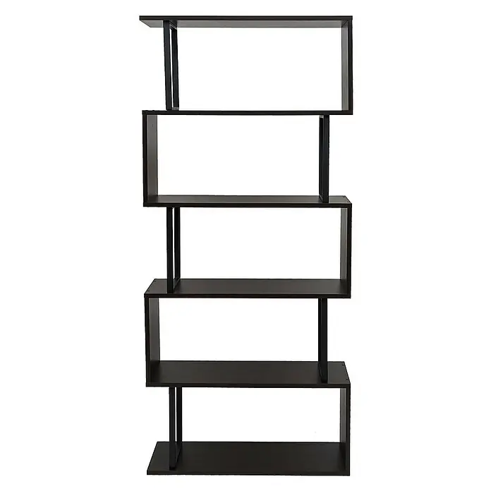 Berlinlodge Holzregal Bücherregal - H x B x T: 183 x 80 x 30 cm, Anzahl Böden: 5 Stk., Aufstellen, Dunkelbraun - Das Bild zeigt ein modernes, dunkles Bücherregal mit fünf versetzten Ebenen. Das Regal zeichnet sich durch sein einzigartiges, minimalistisches Design aus.