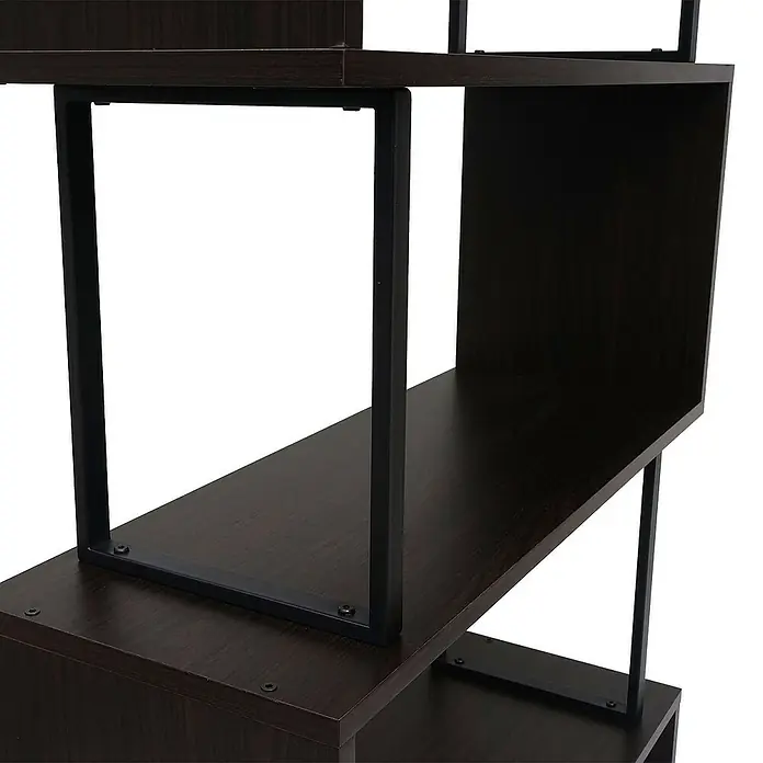 Berlinlodge Holzregal Bücherregal - H x B x T: 183 x 80 x 30 cm, Anzahl Böden: 5 Stk., Aufstellen, Dunkelbraun - Detailaufnahme eines eleganten, dunkelbraunen Bücherregals mit modernem Design und stabilen, schwarzen Metallrahmen.