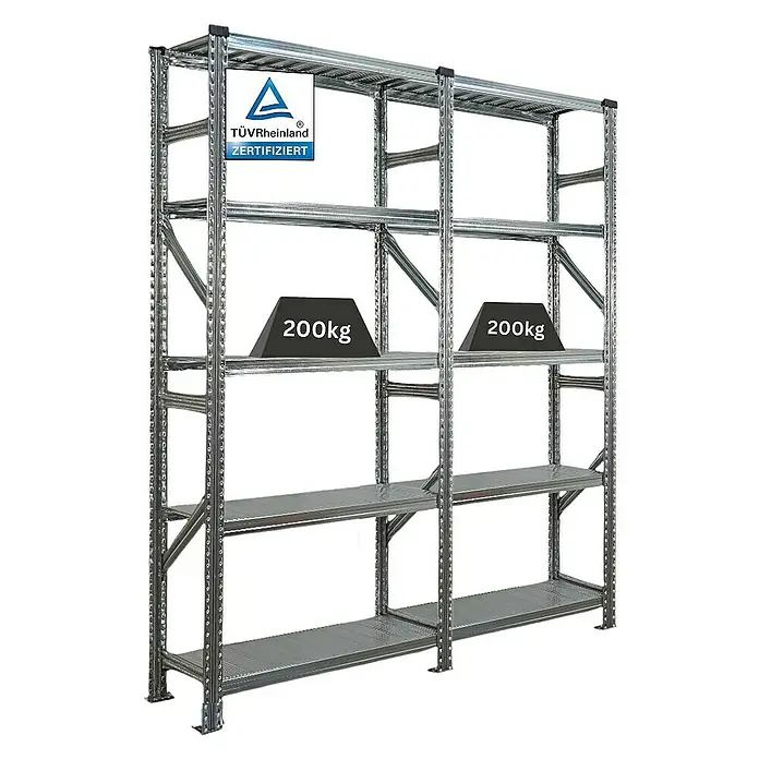 Proregal Metallregal Fachbodenregal PROXIMO 1x Grundregal + 1x Anbauregal - Traglast pro Boden: 200 kg, Anzahl Böden: 5 Stk., Stecken, Verzinkt - Schwerlastregal mit TÜV-Zertifizierung, ideal für Lagerung. Belastbar mit 200 kg pro Ebene.