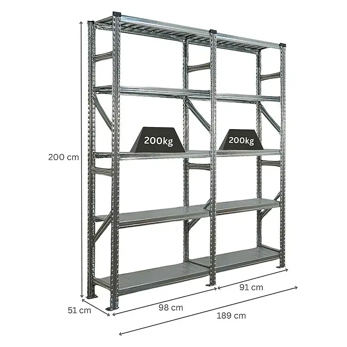 Proregal Metallregal Fachbodenregal PROXIMO 1x Grundregal + 1x Anbauregal - Traglast pro Boden: 200 kg, Anzahl Böden: 5 Stk., Stecken, Verzinkt - Regalsystem mit vier Ebenen, belastbar bis 200kg pro Ebene, Abmessungen 200x189x51cm. Ideal für Lager und Werkstatt.