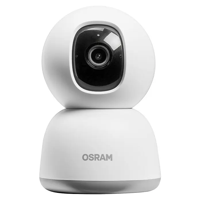Osram Smart+ Überwachungskamera 360 - Passend für: Alarmsystem, Smart Home System - Nahaufnahme einer weißen OSRAM Smart Home Überwachungskamera mit einer schwarzen Linse.