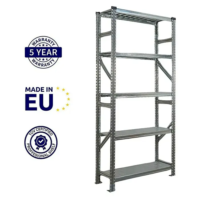 Proregal Metallregal Fachbodenregal PROXIMO 1x Grundregal + 1x Anbauregal - Traglast pro Boden: 200 kg, Anzahl Böden: 5 Stk., Stecken, Verzinkt - Produktabbildung eines robusten Metallregals mit fünf Ebenen, ideal für Lagerung und Organisation.