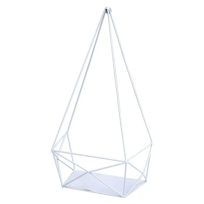 Berlinlodge Holzregal Wandregal - Anzahl Böden: 1 Stk., Einhängen, Weiß - Dieses Bild zeigt einen weißen, geometrischen Pflanzenhänger aus Metall, der an einer Spitze aufgehängt ist und eine moderne Ästhetik besitzt.