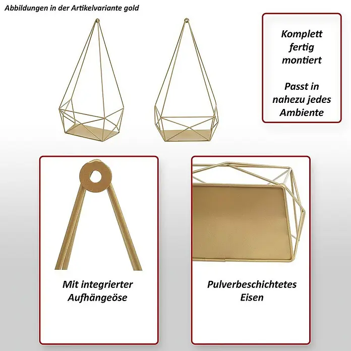 Berlinlodge Holzregal Wandregal - Anzahl Böden: 1 Stk., Einhängen, Weiß - Abbildungen der goldenen Artikelvariante mit geometrischen Deko-Hängekörben, Aufhängeöse und Infos zu Montage und Material.