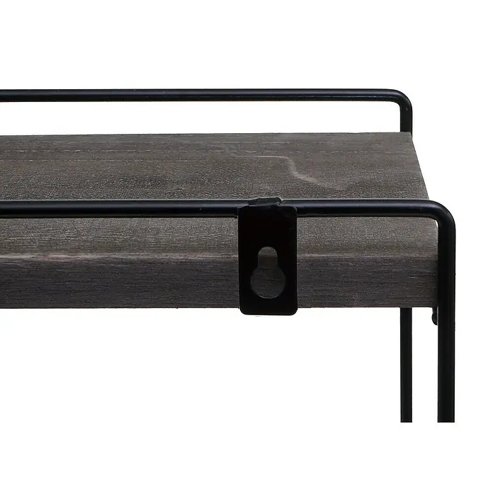 Berlinlodge Holzregal Wandregal - H x B x T: 50 x 35 x 17 cm, Anzahl Böden: 2 Stk., Einhängen, Dunkelgrau - Nahaufnahme eines grauen Holzregals mit schwarzen Metallstützen und einer Halterung zur Wandmontage.