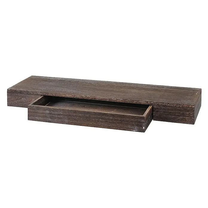 Berlinlodge Holzregal Wandregal - H x B x T: 8 x 80 x 25 cm, Anzahl Böden: 1 Stk., Einhängen, Braun - Ein rustikales Holzregal mit einer ausziehbaren Schublade bietet stilvollen Stauraum für Ihr Zuhause. Die Oberfläche ist dunkelbraun und die Holzmaserung ist sichtbar.