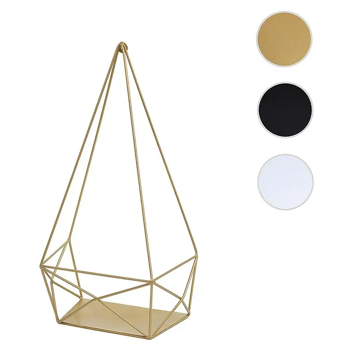 Berlinlodge Holzregal Wandregal - Anzahl Böden: 1 Stk., Einhängen, Weiß - Das Bild zeigt ein geometrisches, goldfarbenes Wandregal mit minimalistischem Design, das stilvolle Akzente in jedem Raum setzt.