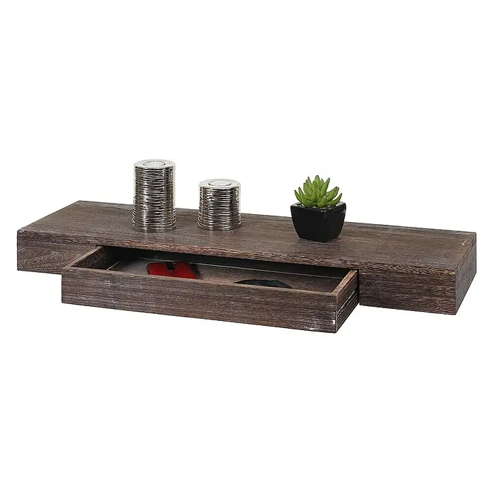 Berlinlodge Holzregal Wandregal - H x B x T: 8 x 80 x 25 cm, Anzahl Böden: 1 Stk., Einhängen, Braun - Regal mit Schublade aus dunklem Holz mit silbernen Kerzenständern und kleinem Topf mit Sukkulente.