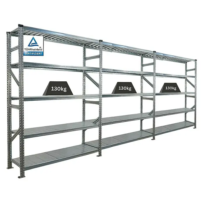 Proregal Metallregal Fachbodenregal PROXIMO 1x Grundregal + 2x Anbauregal - Traglast pro Boden: 130 kg, Anzahl Böden: 5 Stk., Stecken, Verzinkt - Lagerregal mit drei Ebenen und Gewichtsangabe.