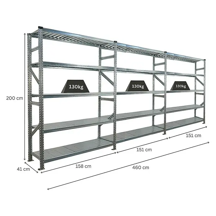 Proregal Metallregal Fachbodenregal PROXIMO 1x Grundregal + 2x Anbauregal - Traglast pro Boden: 130 kg, Anzahl Böden: 5 Stk., Stecken, Verzinkt - Abbildung eines Schwerlastregals mit mehreren Regalböden, geeignet für Lager und Werkstatt, mit Gewichtsangaben.