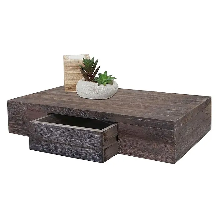 Berlinlodge Holzregal Wandregal Ilse - Anzahl Böden: 1 Stk., Einhängen, Braun - Holzregal mit Schublade, verziert mit einer Pflanze und einem Kerzenhalter, ideal für eine rustikale Dekoration.