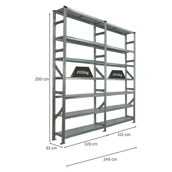 Proregal Metallregal Fachbodenregal PROXIMO 1x Grundregal + 1x Anbauregal - Traglast pro Boden: 200 kg, Anzahl Böden: 7 Stk., Stecken, Verzinkt - Abbildung eines Schwerlastregals mit fünf Ebenen zur Lagerung von schweren Gegenständen.