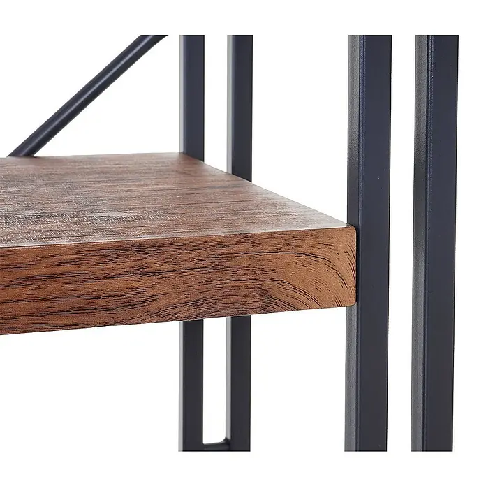 Berlinlodge Holzregal Bücherregal - H x B x T: 121 x 80 x 30 cm, Anzahl Böden: 4 Stk., Aufstellen, Wildeiche - Detailaufnahme eines Regals mit Holzboden und dunklem Metallrahmen, das rustikale und moderne Elemente vereint.