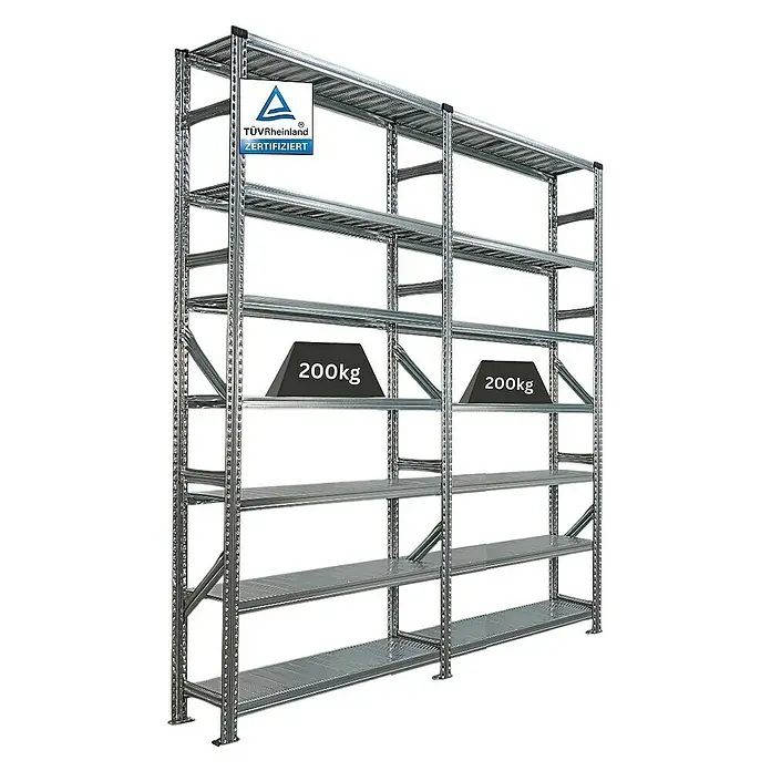 Proregal Metallregal Fachbodenregal PROXIMO 1x Grundregal + 1x Anbauregal - Traglast pro Boden: 200 kg, Anzahl Böden: 7 Stk., Stecken, Verzinkt - Metallregal mit sechs Regalböden, TÜV Rheinland zertifiziert, mit Gewichten auf einem Regalboden.