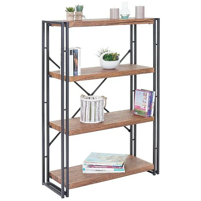 Berlinlodge Holzregal Bücherregal - H x B x T: 121 x 80 x 30 cm, Anzahl Böden: 4 Stk., Aufstellen, Wildeiche - Regal mit vier Ablagen in Holzoptik und schwarzem Metallrahmen. Dekorative Elemente wie Pflanzen und Bücher sind platziert.