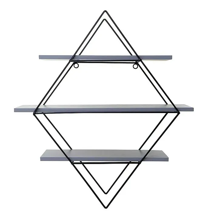 Berlinlodge Holzregal Wandregal rautenförmig - Anzahl Böden: 3 Stk., Einhängen, Grau - Ein modernes, graues Wandregal mit einem Rahmen aus schwarzem Metall. Ideal zur Dekoration und Aufbewahrung von Gegenständen.