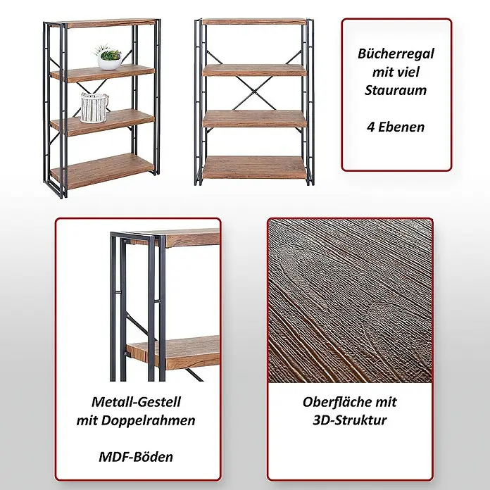 Berlinlodge Holzregal Bücherregal - H x B x T: 121 x 80 x 30 cm, Anzahl Böden: 4 Stk., Aufstellen, Wildeiche - Das Bild zeigt ein Bücherregal mit Metallgestell, Doppelrahmen und vier Ebenen, hervorgehoben die MDF-Böden mit 3D-Struktur.