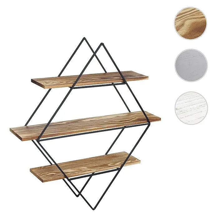 Berlinlodge Holzregal Wandregal rautenförmig - Anzahl Böden: 3 Stk., Einhängen, Grau - Elegantes Wandregal mit drei Ebenen aus Holz und einem geometrischen Rahmen aus schwarzem Metall, ideal für moderne Wohnräume.