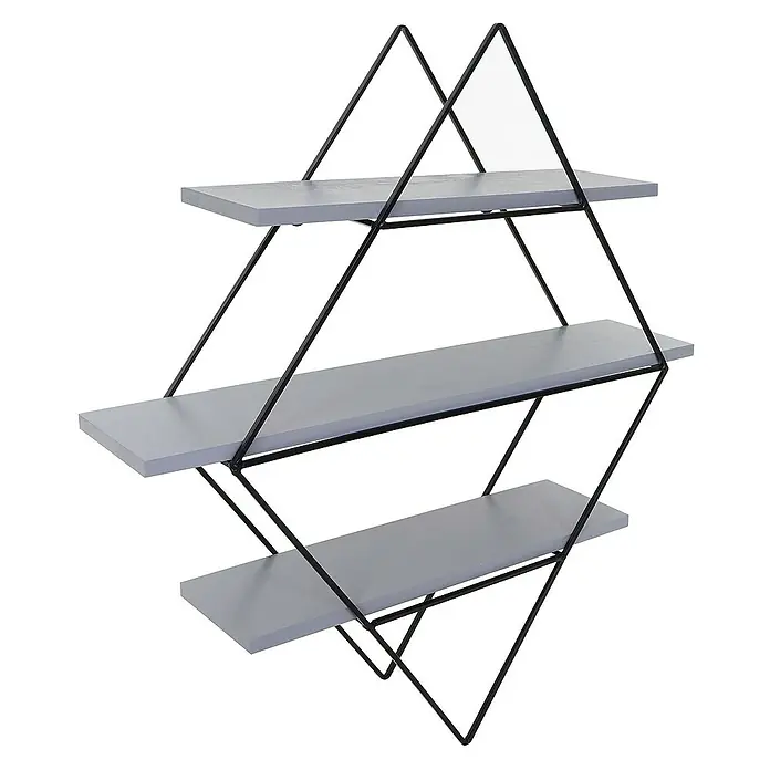Berlinlodge Holzregal Wandregal rautenförmig - Anzahl Böden: 3 Stk., Einhängen, Grau - Dreistufiges Wandregal mit geometrischem schwarzem Metallrahmen und grauen Holzregalböden.