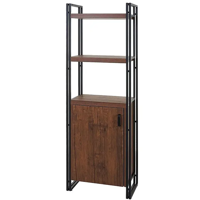 Berlinlodge Holzregal Bücherregal - H x B x T: 165 x 55 x 35 cm, Anzahl Böden: 3 Stk., Aufstellen, Wildeiche - Elegantes Standregal mit drei Ablageflächen und einem Schrankfach. Das Regal besticht durch sein modernes Design mit schwarzem Metallrahmen und Holzoptik.