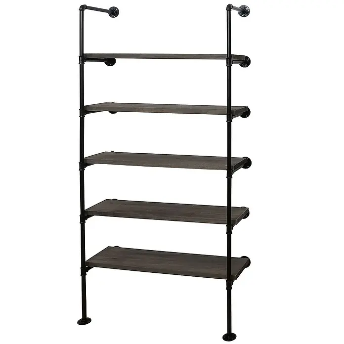 Berlinlodge Holzregal Standregal - H x B x T: 165 x 80 x 28 cm, Anzahl Böden: 5 Stk., Aufstellen, Grau-braun - Industrielles Bücherregal mit fünf Regalböden. Das Regal hat einen dunklen Holzton und schwarze Metallrohrstreben für ein industrielles Aussehen.