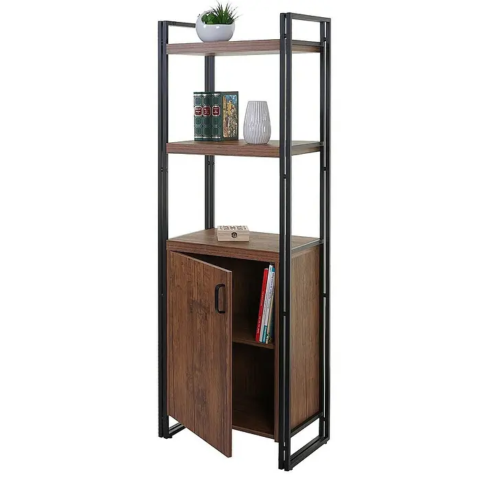 Berlinlodge Holzregal Bücherregal - H x B x T: 165 x 55 x 35 cm, Anzahl Böden: 3 Stk., Aufstellen, Wildeiche - Aufnahme eines Bücherregals mit Holzregalen und Metallrahmen mit dekorativen Gegenständen darauf, unten mit einer Schranktür.