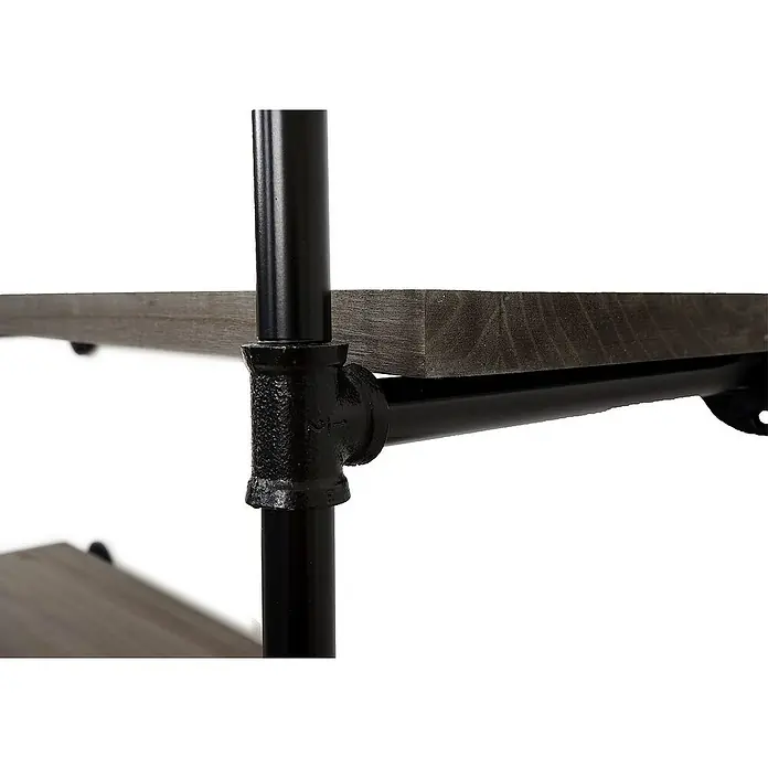Berlinlodge Holzregal Standregal - H x B x T: 165 x 80 x 28 cm, Anzahl Böden: 5 Stk., Aufstellen, Grau-braun - Nahaufnahme eines Regals im Industrial-Stil mit Holzablage und schwarzen Metallrohren. Das Möbelstück kombiniert rustikalen Charme mit modernem Design.