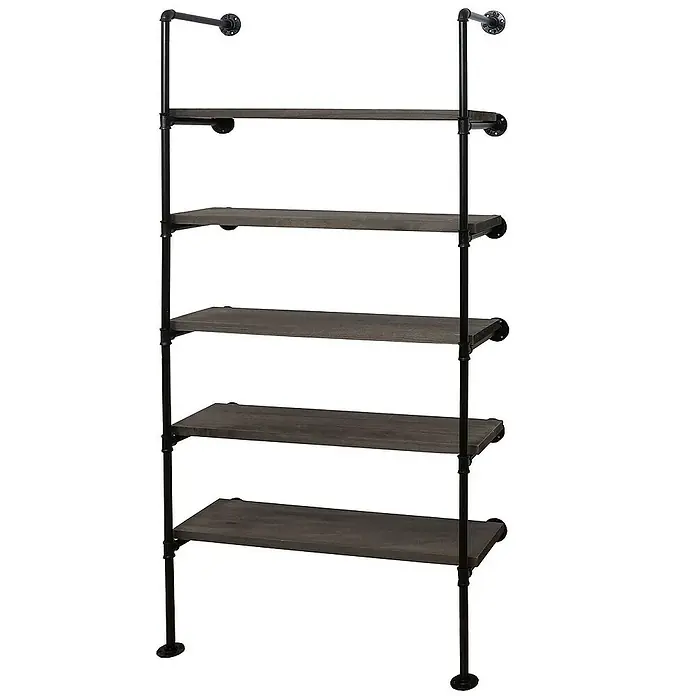Berlinlodge Holzregal Standregal - H x B x T: 165 x 80 x 28 cm, Anzahl Böden: 5 Stk., Aufstellen, Grau-braun - Regal mit fünf Ablagen aus dunklem Holz und schwarzem Metall, das an einer Wand montiert ist und einen industriellen Stil aufweist.