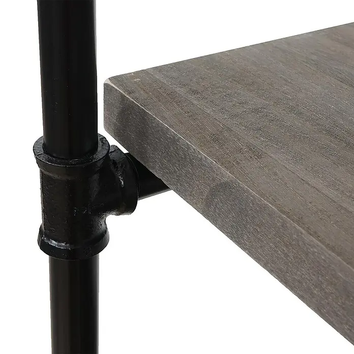 Berlinlodge Holzregal Standregal - H x B x T: 165 x 80 x 28 cm, Anzahl Böden: 5 Stk., Aufstellen, Grau-braun - Nahaufnahme eines Regals mit einer grauen Holzplatte, die an einer schwarzen Metallrohrkonstruktion befestigt ist.