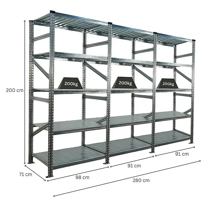 Proregal Metallregal Fachbodenregal PROXIMO 1x Grundregal + 2x Anbauregal - Traglast pro Boden: 200 kg, Anzahl Böden: 5 Stk., Stecken, Verzinkt - Ein robustes Metallregal mit mehreren Ebenen, ideal für Lagerung und Organisation, mit Gewichtsangaben und Abmessungen.