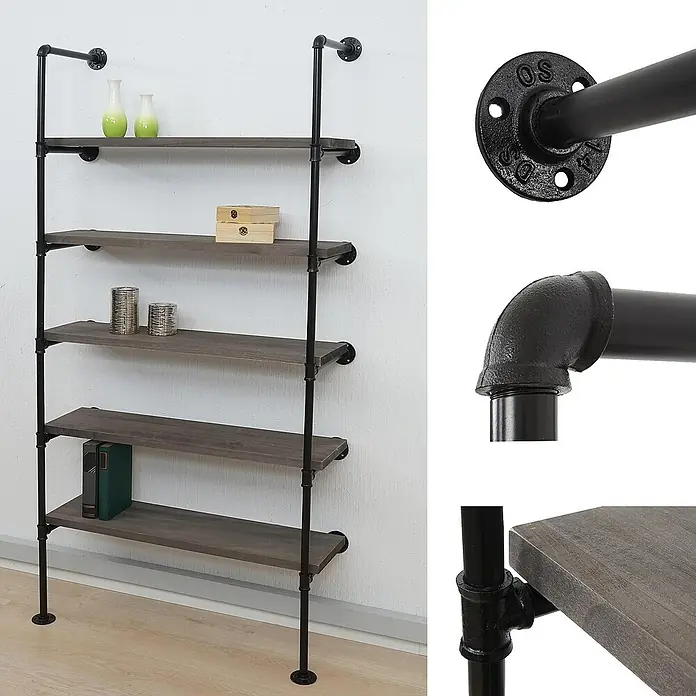 Berlinlodge Holzregal Standregal - H x B x T: 165 x 80 x 28 cm, Anzahl Böden: 5 Stk., Aufstellen, Grau-braun - Das Bild zeigt ein modernes, industriell gestaltetes Wandregal mit fünf Holzebenen und schwarzem Metallrohrgestell. Ideal für stilbewusste Wohnräume.