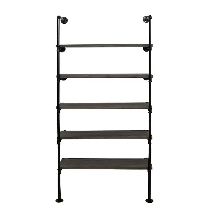 Berlinlodge Holzregal Standregal - H x B x T: 165 x 80 x 28 cm, Anzahl Böden: 5 Stk., Aufstellen, Grau-braun - Schwarzes industrielles Bücherregal mit fünf Regalböden aus dunklem Holz und schwarzen Metallrohren zur Wandmontage.