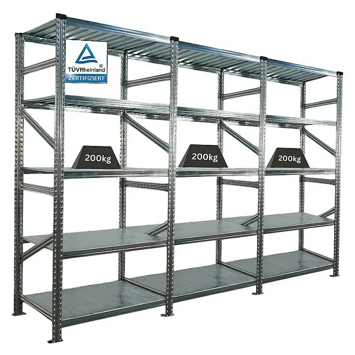 Proregal Metallregal Fachbodenregal PROXIMO 1x Grundregal + 2x Anbauregal - Traglast pro Boden: 200 kg, Anzahl Böden: 5 Stk., Stecken, Verzinkt - Schwerlastregal mit vier Ebenen, belastbar mit 200 kg pro Ebene, ideal für Lager und Werkstatt.