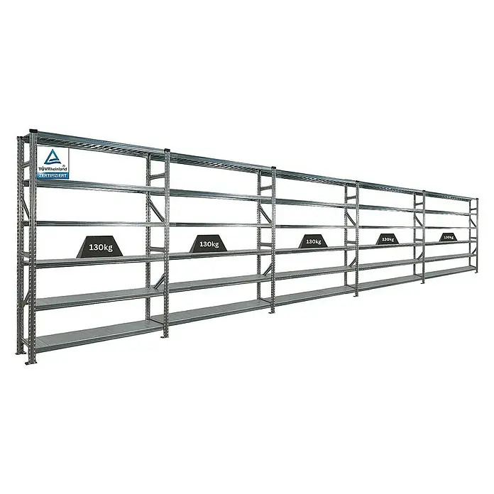 Proregal Metallregal Fachbodenregal PROXIMO 1x Grundregal + 4x Anbauregal - Traglast pro Boden: 200 kg, Anzahl Böden: 6 Stk., Stecken, Verzinkt - Schwerlastregal mit mehreren Ebenen und einer maximalen Belastung von 130 kg pro Ebene für Lager und Industrie.